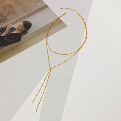 Dainty Gold Necklace for Women, Cute Long Necklace 14K Gold Plated CZ Lips Bead Y Shaped Lariat Necklace Simple Gold Choker Necklace Aesthetic Drop Necklace Trendy Gold Jewelry for Women - color: Gold-Satellite Y Necklace