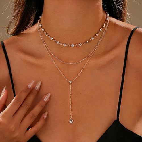 Necklace for Women, Dainty Long 14K Gold Y-Shaped Necklace Jewelry Trendy Beaded Layered Chain Drop Necklaces Jewelry Women Gifts - style: Rhinestone Pendant