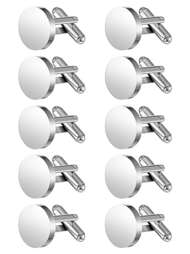 Newcotte 5 Pairs Cufflinks for Men Round Silver Cufflinks Mens Classic Stainless Steel Cuff Links Set for Wedding Gifts - color: Silver