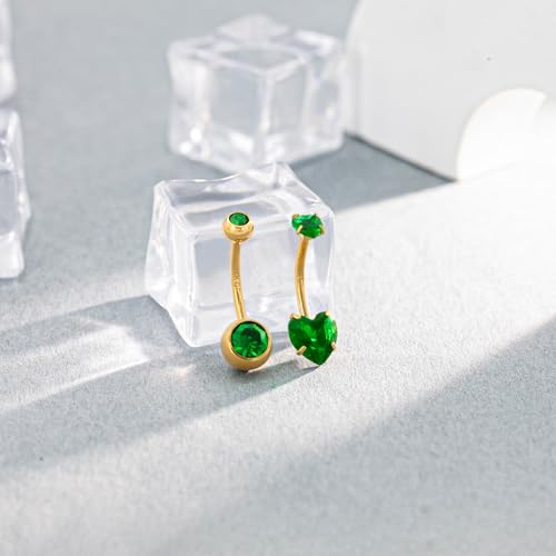 2pcs 14k Gold Filled Belly Button Rings, 14G 8mm/10mm/12mm Threaded Barbell Belly Button Piercing, Navel Ring Piercing Jewelry - color: 14K GF-2pcs-Green Heart CZ-12mm
