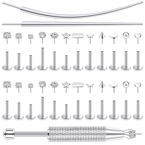 20/18/16g Gold Flat Back Threadless Earrings Nose Rings Lip Studs Surgical Steel Piercing Jewelry for Women Men - color: Surgical Steel, size: 18g=1.0mm