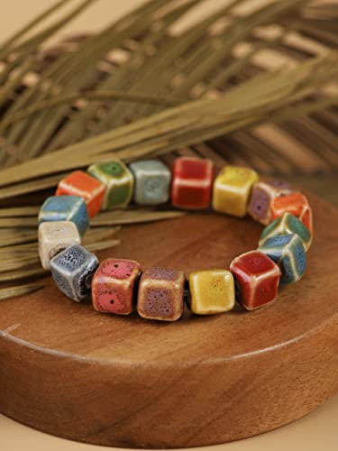 Boho Hippie Colorful Ceramic Beads Strand Stretch Bracelet, Bohemian Summer Beach Jewelry Gift for Women - color: S02