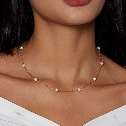 Zeffy Pearl Necklace 4MM/6MM/8MM Dainty Round Imitation Pearl Choker Necklace Wedding Pearl Necklace Delicate Jewelry for Women Simple Bridesmaid Jewelry Gifts - style: 4mm Gold Satellite Pearl Necklace(14"+2")