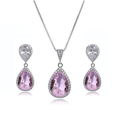 Elegant Jewelry Set for Women Silver Teardrop CZ Drop Earrings and Necklace | Square Teardrop Cubic Zirconia Rhinestone Jewelry Sets Bridal Jewelry Sets for Wedding Bride Bridesmaids Mother of Bride - style: Guardian Angel (Pink)