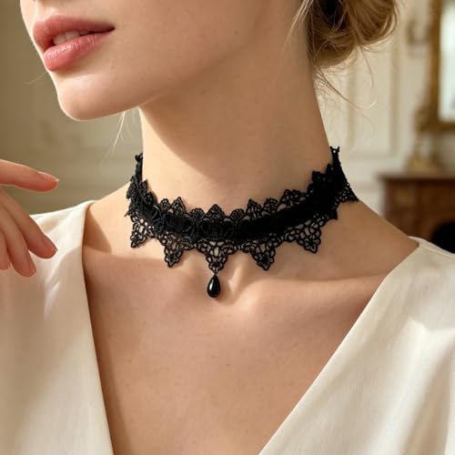 Gothic Lace Choker Tie-Up Velvet Ribbon 2 Pack Black & Burgundy Soft Collar Necklace with Crystal Drop Pendant Set - color: Black+Burgundy