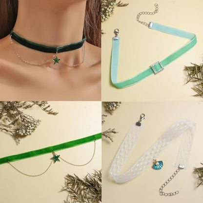 Nova&Aria Chokers Set For Women Heart Choker Necklaces Flower Pendant Velvet Cute Pink Turquoise Blue White Black Choker Necklace Christmas Colorful Lace Chokers - color: Green-C