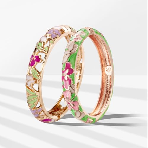 UJOY Cloisonne Bracelet Lotus Flower Plated Cuff Bangle Enameled Jewelry Bracelets Gift for Women Pack in Case 88B16 - color: 2 Pcs Set-White and Green