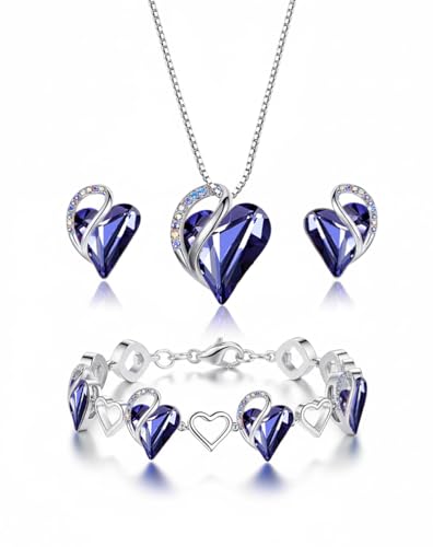 Leafael Necklace Gift Set for Women, Infinity Love Birthstone Heart Pendant with Matching Earrings and Bracelet, for Mom and Wife, Silver Plated - color: 02b-Set-February-Tanzanite Purple