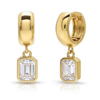 NIXMAX Trendy Gold Dangle Earrings for Women, Chunky Statement CZ Hoops | Bezel-Set Cubic Zirconia Charm, 14K Gold Plated, Lightweight Hypoallergenic Jewelry, Fashion Accessories, Gifts for Women - color: Gold-Chunky Rectangle Hoops
