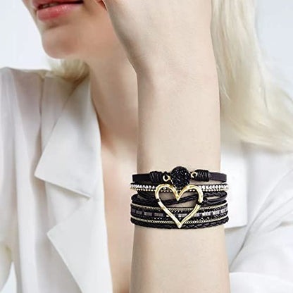 Bracelets for Women, Gifts for Mom Her Christmas Gift 2026 Leather Bracelets for Women Birthday Gift for Daughter Inspirational Wrap Bracelet Sister Friend Teen Girl Gift Layered Stocking Stuffers Jewelry - style: Black - Heart