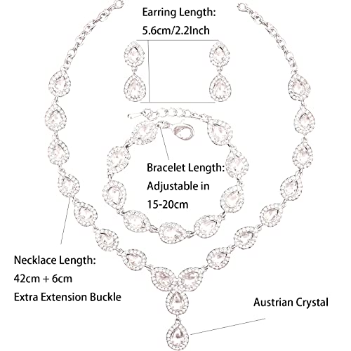 Austrian Crystal Rhinestone Necklace Dangle Earrings Link Bracelet Jewelry Set for Brides Bridesmaid Prom Costume Accessories for Women - color: White-Platinum Plated