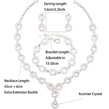 Austrian Crystal Rhinestone Necklace Dangle Earrings Link Bracelet Jewelry Set for Brides Bridesmaid Prom Costume Accessories for Women - color: White-Platinum Plated