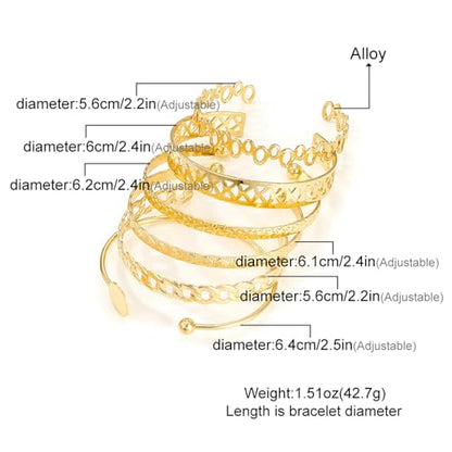 IFKM Gold Bangle Bracelets For Women, 14k Gold Plated Multi Layer Stackable Cuff Bracelet Set, Trendy Elegance Charms Non Tarnish Minimalist Textured Boho Jewelry Gift for Women - style: 6pcs Hollow love five-pointed star