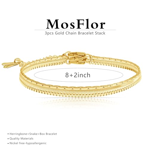 Mens Bracelet - Dainty Gold/Silver Chain Bracelet Stack 14K Gold Plated Silver Bracelets for Men Stainless Steel Adjustable Cross Charm Cuban Link Bracelet Snake Jewelry Set to Men Dad Birthday Day - color: Gold, size: 8+2 Inch