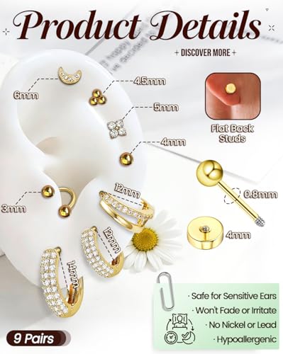 Nunpag 9 Pairs Hypoallergenic 14K Gold Plated Flat Back Earrings for Women Studs Earring Opal Ball Triangular Sun CZ Stones Hoop Earrings Stainless Steel Jewelry Gift for Sensitive Ears - color: 16Pcs-Gold