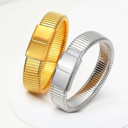 Gold Chunky Stretch Snake Chain Bangle Bracelets Stack for Women Trendy, 18K Gold Filled Stainless Steel Stretchy Womens Stackable Wristband Bangles Bracelet Set - style: 1PC SILVER 16MM