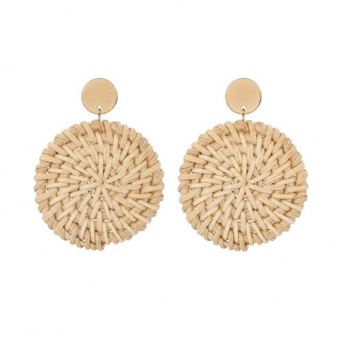 Handmade Raffia Rattan Bohemian Dangle Earrings for Women, Woven Rattan Round Drop Dangle Earrings Beach Jewelry - color: Round B