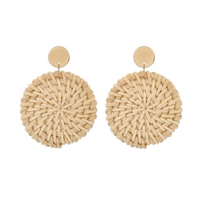 Handmade Raffia Rattan Bohemian Dangle Earrings for Women, Woven Rattan Round Drop Dangle Earrings Beach Jewelry - color: Round B
