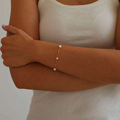 18K Gold Plated Pearl Beaded Cross Bracelets for Women Adjustable Stainless Steel Dainty Thin Gold Box Cuban Twisted Link Chain Bracelet Bridesmaid Jewelry Gifts - color: Multi Pearls Beads-Gold