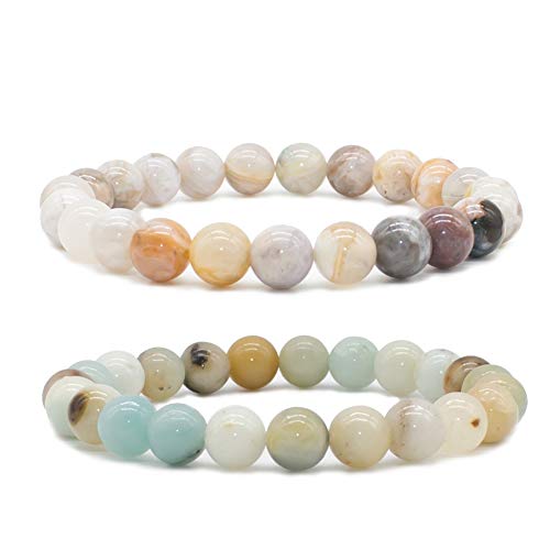 Bivei Natural Crystals Gemstone Healing Stretchy Round Beaded Bracelet | 8MM Semi Precious Beads Bracelet, Handmade Spiritual Jewelry Gift for Women Men,Enhance Positive Energy - color: 8mm Bamboo Leaf Agate & Amazonite (Good Luck), size: Medium: 6.8-7.24