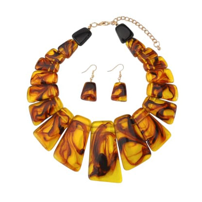DATOA Chunky Resin Geometric Necklace Earrings Set for Women Boho Modern Statement Necklace Jewelry Accessories - color: Brown