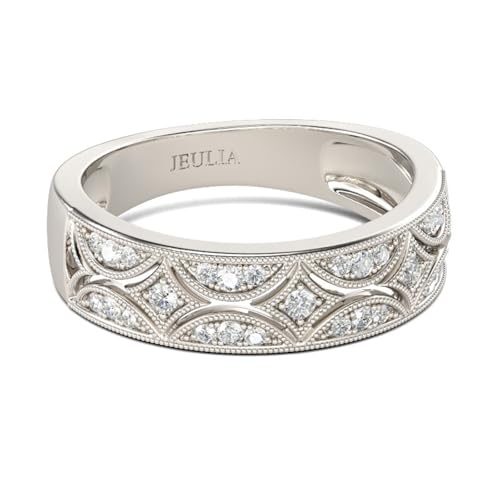 Jeulia Womens Wide Eternity Ring Wedding Band, Milgrain Round Cut 18k White Gold Plated Eternity Band Ring Romantic Birthday Anniversary Jewelry with Gift Box - color: Diamond White