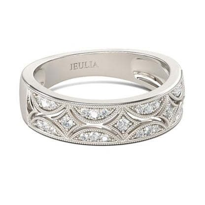 Jeulia Womens Wide Eternity Ring Wedding Band, Milgrain Round Cut 18k White Gold Plated Eternity Band Ring Romantic Birthday Anniversary Jewelry with Gift Box - color: Diamond White