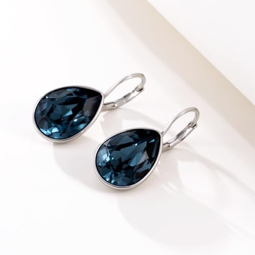 Xuping Jewelry Huggies Crystal Teardrop Earrings for Women Clear Crystals Leverback Silver Earring Fashion Party Jewelry Gifts - color: Navy Blue