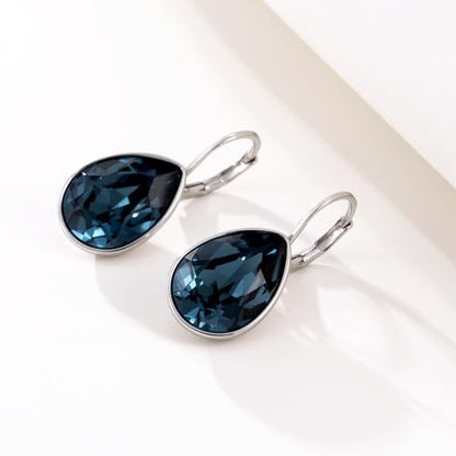 Xuping Jewelry Huggies Crystal Teardrop Earrings for Women Clear Crystals Leverback Silver Earring Fashion Party Jewelry Gifts - color: Navy Blue