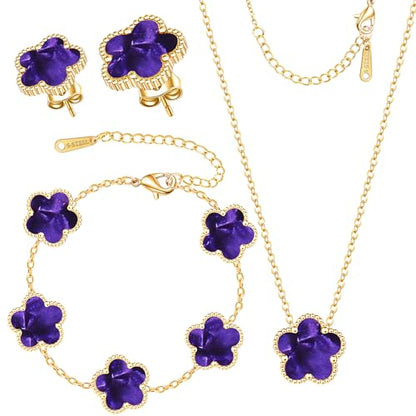 Clover Jewelry Set 3 PC - 18K Gold Plated Stainless Steel Y Necklace Four Leaf Pendant, Clover Link Bracelet Charm, Flower Earrings, Hypoallergenic Non-Tarnish,Simple Luxury Lucky Gifts for Women - color: Purple