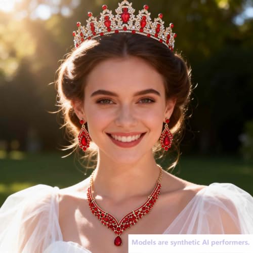 Kamirola Bridal Wedding Tiara Crown Jewelry Set for Women/Brides/Bridesmaids Crystal Jewelry Set for Wedding Prom Party Bridal Crystal Necklace Earrings Bracelet Set(TR60) - color: Gold Red