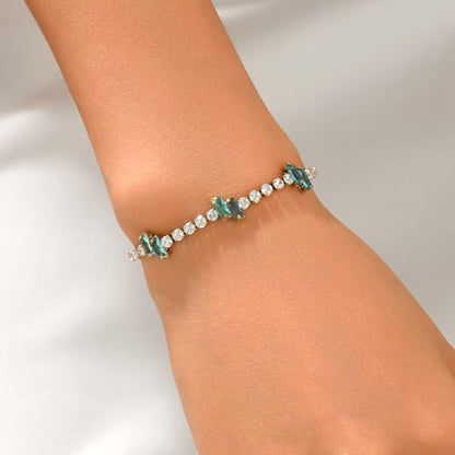 18K Gold Plated Cubic Zirconia Tennis Bracelet for Women Sparkling Stackable Stainless Steel Jewelry Hypoallergenic Tarnish Resistant Bridal Gift - color: Light Blue Baguette CZ-Gold