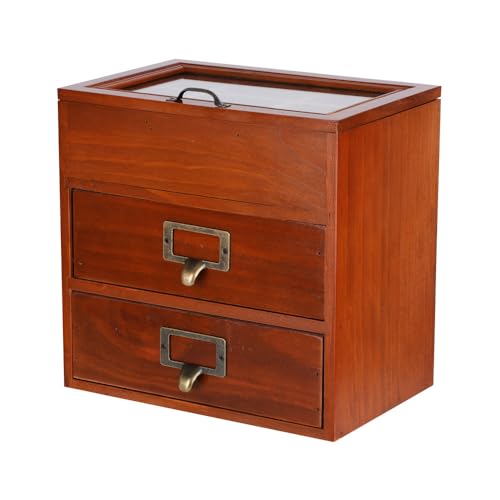 Small Wooden Drawers Wooden Box with Drawer Brown | 2 Drawer Storage Box for Apothecary Cabinet, Apothecary Drawers，Desktop Organizer with Metal Handles for Office，Home - color: BROWN-GLASS02