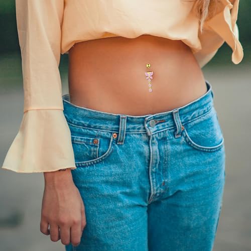 BSJ4U Belly Button Ring Dangle Navel Belly Piercing Jewelry Cute Pink CZ Heart Butterfly Bow Flower Navel Belly Rings for Women 14G Silver Stainless Steel Dainty Dangly Dangling Belly Button Piercing - color: Gold Plated Pink CZ Belly Button Rings