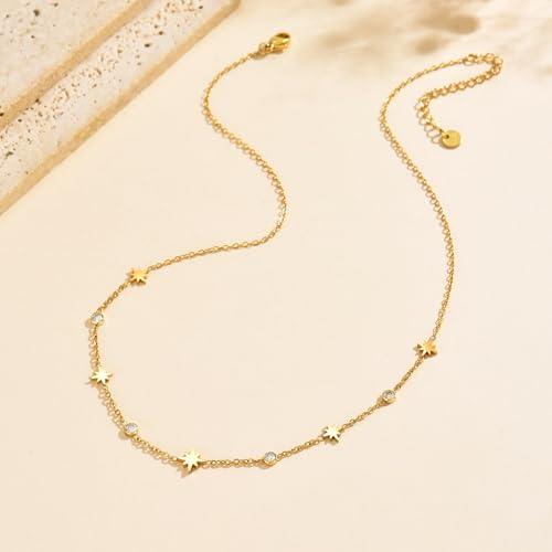 Dainty Necklaces with CZ Inlaid Minimalist Stackable Fashion Gifts - color: Eight-pointed Star-GD