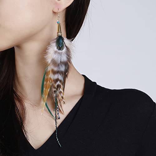 Bohemian Pheasant Peacock Long Feathers Statement Earrings Handmade Natural Lightweight Feather Dangle Earrings for Women (ea000071) - color: Brown&Blue