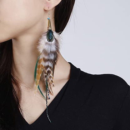 Bohemian Pheasant Peacock Long Feathers Statement Earrings Handmade Natural Lightweight Feather Dangle Earrings for Women (ea000071) - color: Brown&Blue