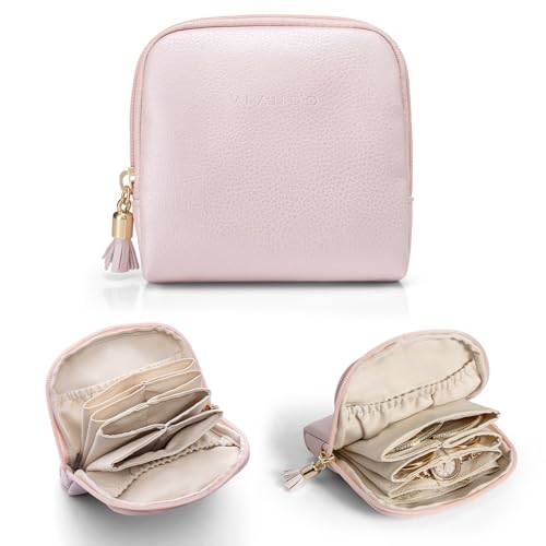 VLANDO Small Travel Jewelry Case,Velvet Pouch Bags with Zipper,Pearl Pink | Travel Essentials,PU Leather Organizer with 5 Divided Sections,Carry-On Totes,Gift for Birthday,Bride,Bridesmaid,Women,Girls - color: B.Pearl Pink