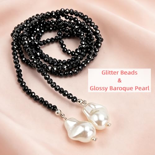 Crystal Beaded Lariat Necklace with Baroque Pearl Drops, Adjustable Y-Shaped Wrap Choker, Elegant Layered Chain Jewelry for Women Daily & Formal Wear - color: black