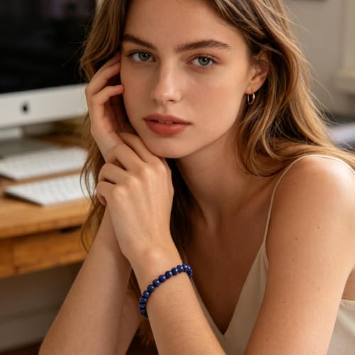 Agate Round Beaded Bracelet for Women Men Natural Agates Stone Healing Bracelets Stretch Elastic Handmade Polished Gemstone Beads Bracelet - color: Lapis Lazuli, size: 6mm Beads
