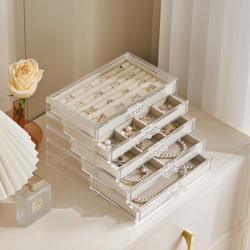 Acrylic Jewelry Box with 5 Drawers, Clear Earring Holder Organizer Rings Display Case with Adjustable Velvet Trays for Women Girls,Creamy-white - color: Creamy-white