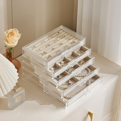 Acrylic Jewelry Box with 5 Drawers, Clear Earring Holder Organizer Rings Display Case with Adjustable Velvet Trays for Women Girls,Creamy-white - color: Creamy-white