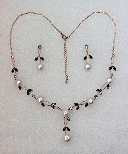 Faship Genuine Freshwater Pearls Floral Necklace Earrings Set | Premium CZ Crystal, Gorgeous, Sparkling - color: Black / Rose Gold Plated