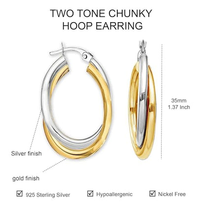 LeCalla 925 Sterling Silver Chunky Hoop Earrings | 14K Two-Tone Three-Tone Hoop Earrings | Intertwining Oval Shape Polished Twisted Hoop Earrings for Women - color: Chunky Two-Tone 35mm
