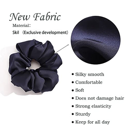 4 PCS Large Satin Silk Scrunchies for Women Big Hair Scrunchies Thick Hair | Black Navy-Blue Red Rose-Red / Stretched 10" Length / No Damage / Gift Box /Diameter: 5 inches / All Hairstyles - color: Black Navy-Blue Red Rose-Red, size: 1 Count (Pack of 4)