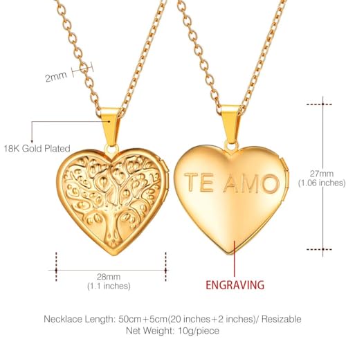 U7 Women Locket Necklace, Heart Photo Lockets Hold Picture, Gift Box Packed | Gold/Silver/Rose Locket Charm, Custom Picture and Engravement Heart Pendant, 20" Chain, Personalized Gift for Mom Wife Friend - color: 04# Gold(Tree of Life)