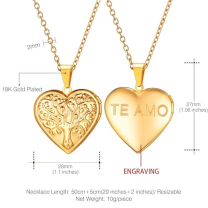 U7 Women Locket Necklace, Heart Photo Lockets Hold Picture, Gift Box Packed | Gold/Silver/Rose Locket Charm, Custom Picture and Engravement Heart Pendant, 20" Chain, Personalized Gift for Mom Wife Friend - color: 04# Gold(Tree of Life)