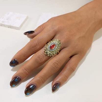 Boho Retro Rhinestone Ring Ethnic Big Flower Crystal Finger Ring Trendy Statement Tribal Indian Dance Costume Ring Jewelry for Women - color: Gold-red