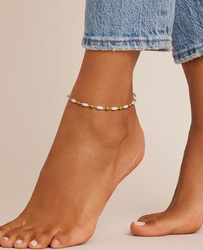Waterproof Ankle Bracelets for Women Gold Anklets Non Tarnish Pearl/Figaro/Cuban/Snake Chain Anklet Adjustable Anklets for Womens Summer Beach Anklet Foot Jewelry for Women Gift - color: Pearls with Balls-Gold