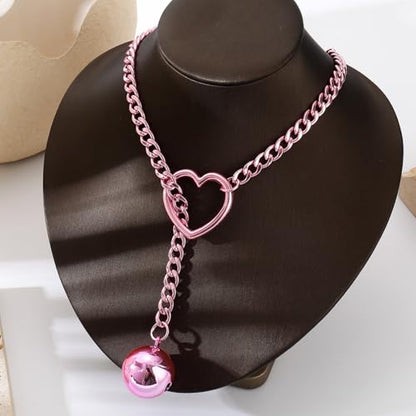 Slip Chain Choker for Women Handmade Black Stainless Steel Cuban Chain Chunky Moon Bat Raven Skull Pendant Gothic Punk Rock Collar Adjustable Lariat Y Necklace for Men - style: Pink bell